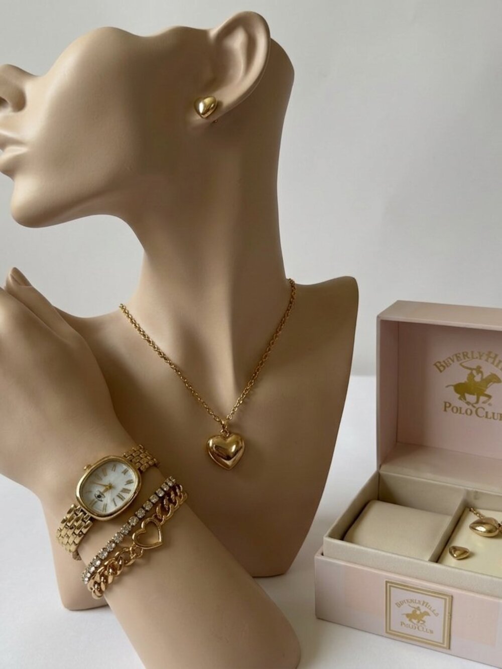 Beverly Hills Polo Club Gold Tone Ladies Watch Bracelet Necklace & Earring Set